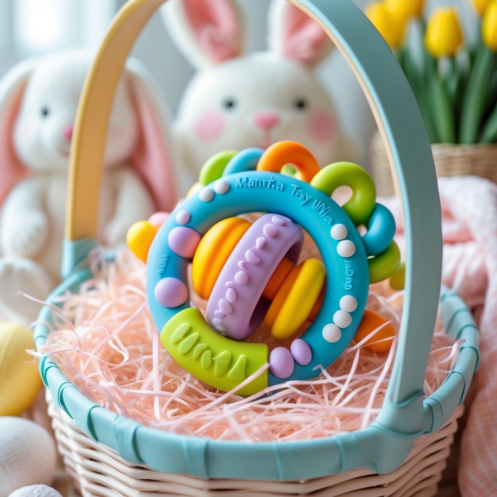 A colorful baby rattle and teether inside a pastel Easter basket surrounded by soft baby toys and spring flowers.