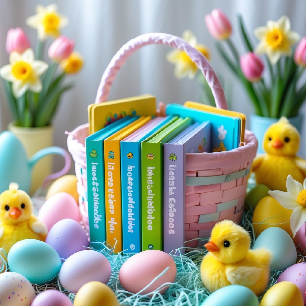 A pastel Easter basket filled with colorful baby board books, surrounded by soft plush chicks, plastic eggs, and spring flowers.