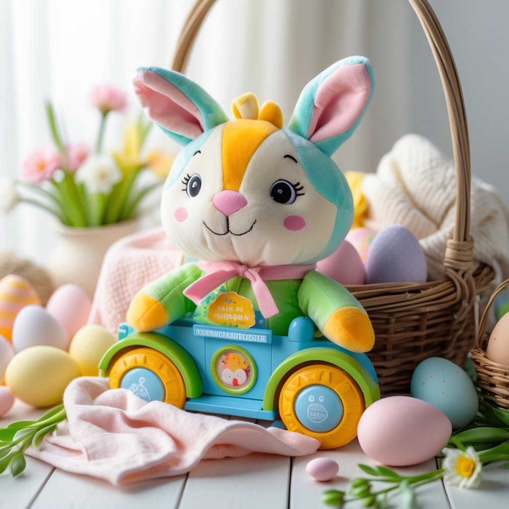 A Skip Hop Farmstand plush toy surrounded by Easter basket items including pastel eggs, baby toys, and spring decorations on a light wooden surface.