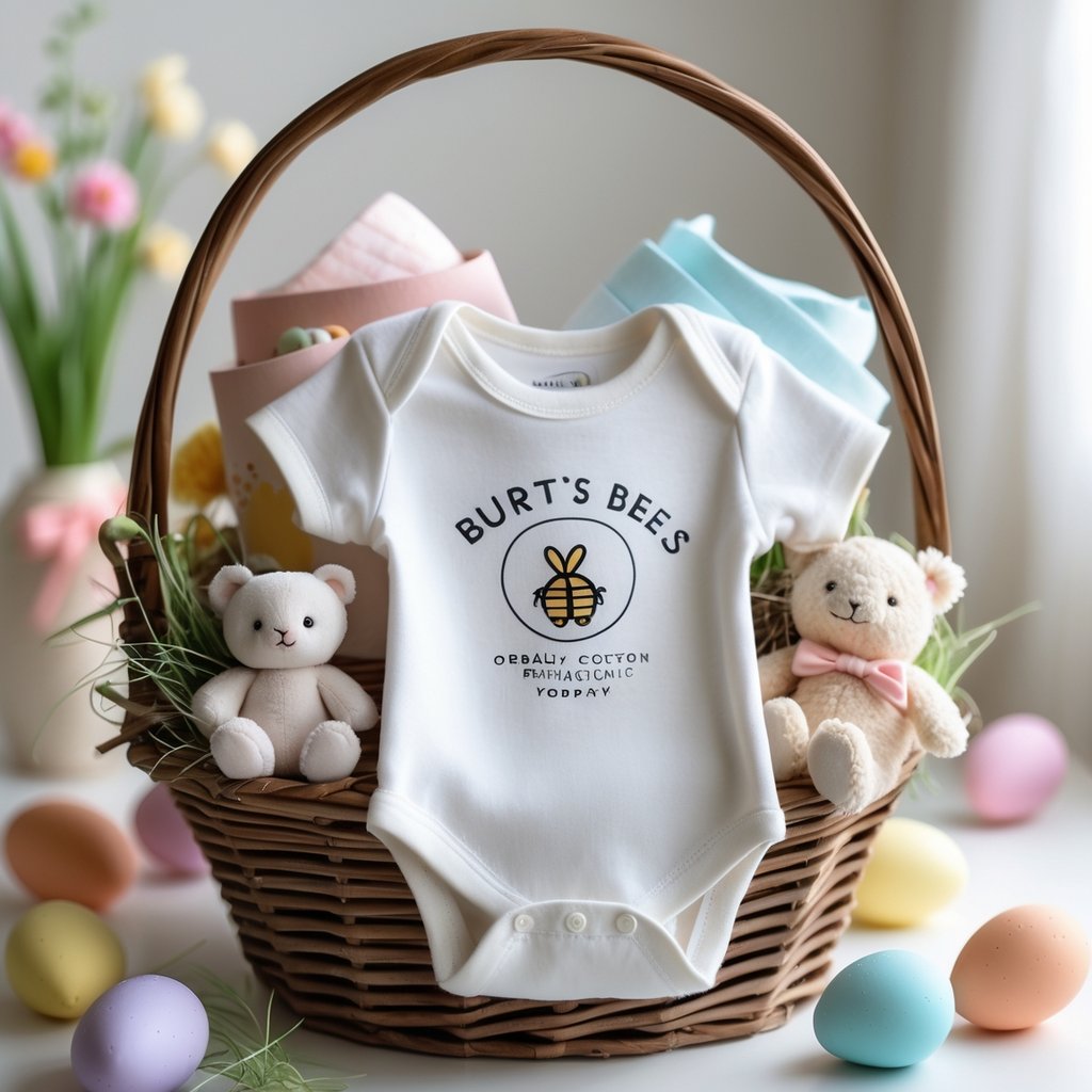 An Easter basket filled with a baby bodysuit, soft toys, and colorful Easter eggs on a light background.