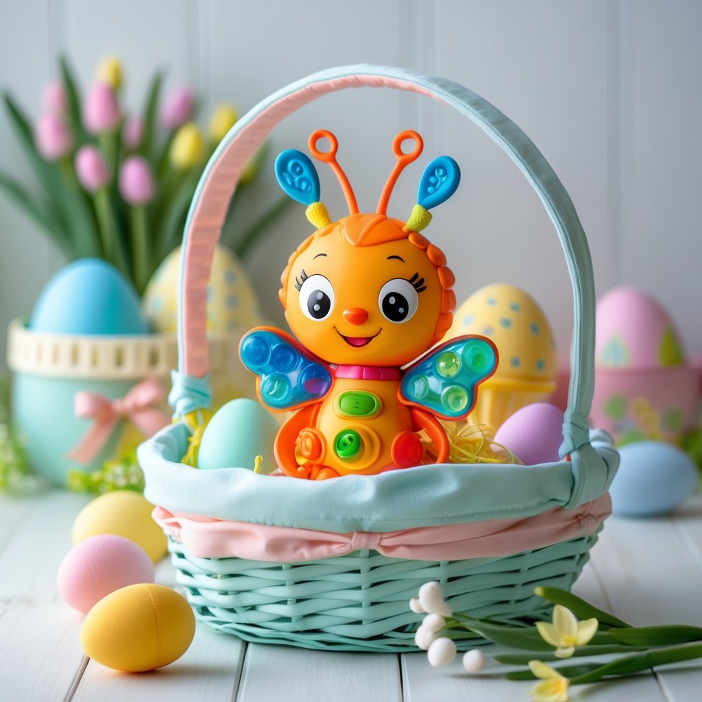 A colorful Lamaze Freddie the Firefly toy inside a pastel Easter basket with baby toys and soft decorations.
