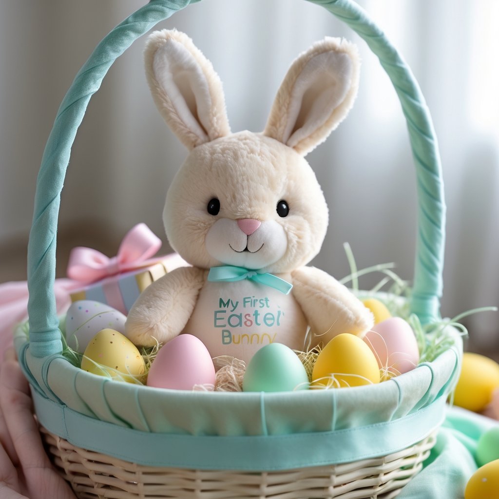 A baby Easter basket with a soft plush bunny and pastel-colored eggs and blankets.