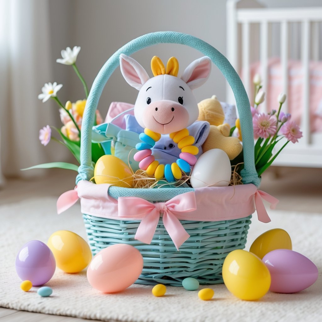 Easter basket filled with baby toys including a Sophie La Girafe teether, surrounded by colorful eggs and flowers on a nursery surface.