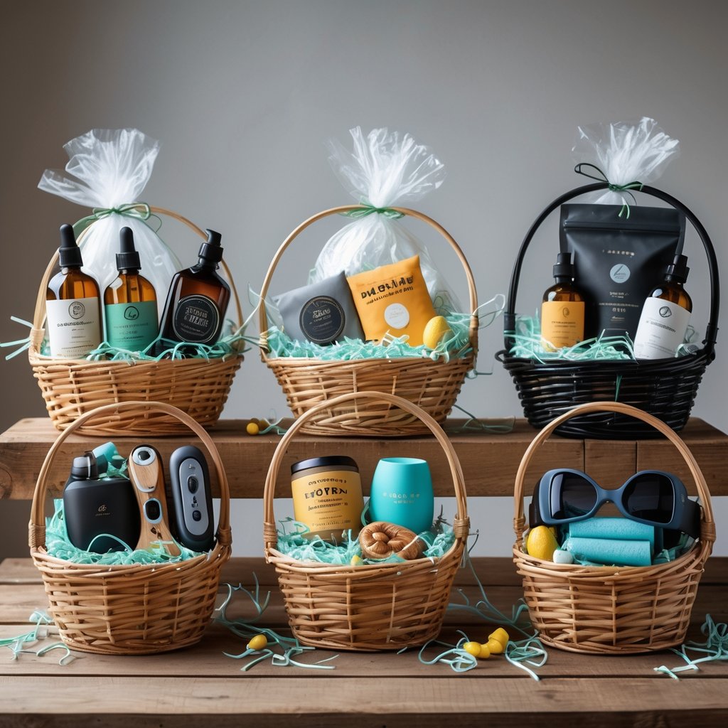 Five Easter baskets arranged on a wooden table, each filled with different men's gift items like grooming products, craft beer, tech gadgets, outdoor gear, and fitness accessories.