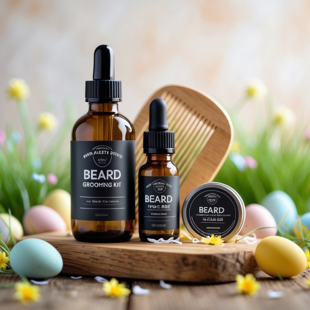 A beard grooming kit with beard oil, a wooden comb, and beard balm surrounded by pastel Easter eggs and spring flowers on a wooden surface.