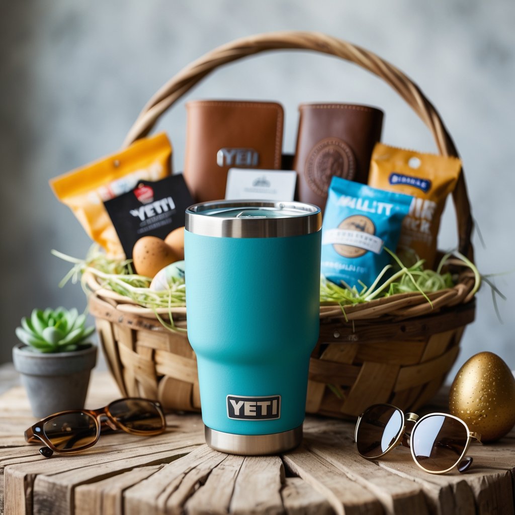 A Yeti Rambler insulated tumbler displayed in an Easter basket with men's gift items on a wooden surface.