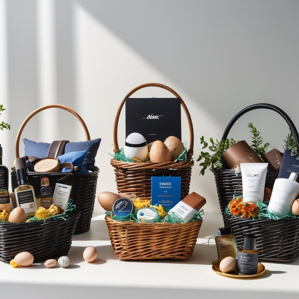 Five Easter baskets filled with men's gifts including wireless earbuds, grooming products, snacks, and tech items arranged on a neutral background.