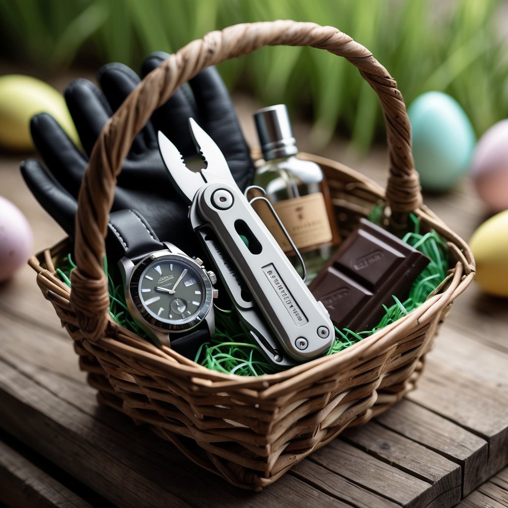 An Easter basket containing a Leatherman multi-tool and other men's gifts on a wooden surface with spring decorations in the background.