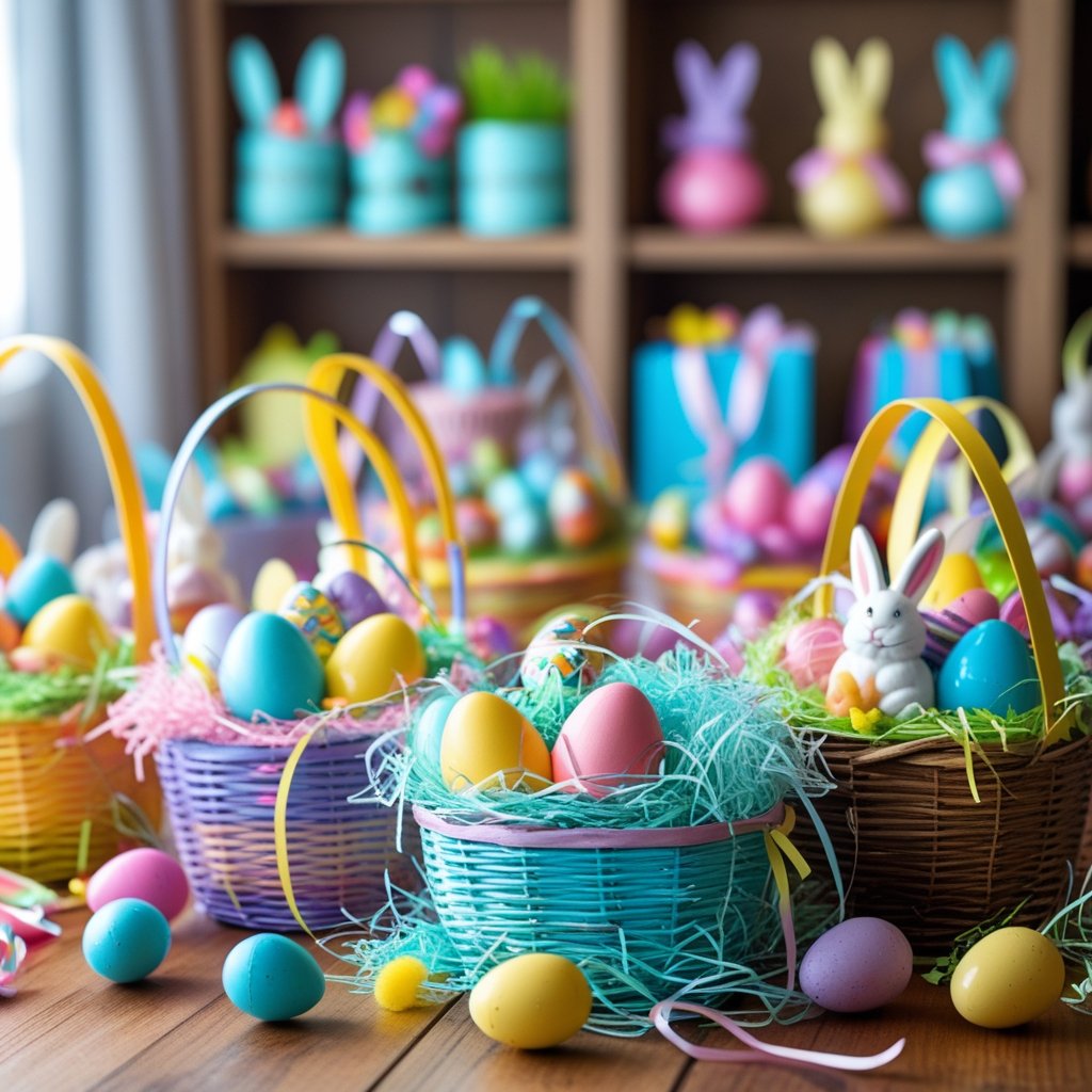 A table displaying colorful Easter basket kits filled with eggs, chocolate bunnies, toys, and decorations in a festive setting.