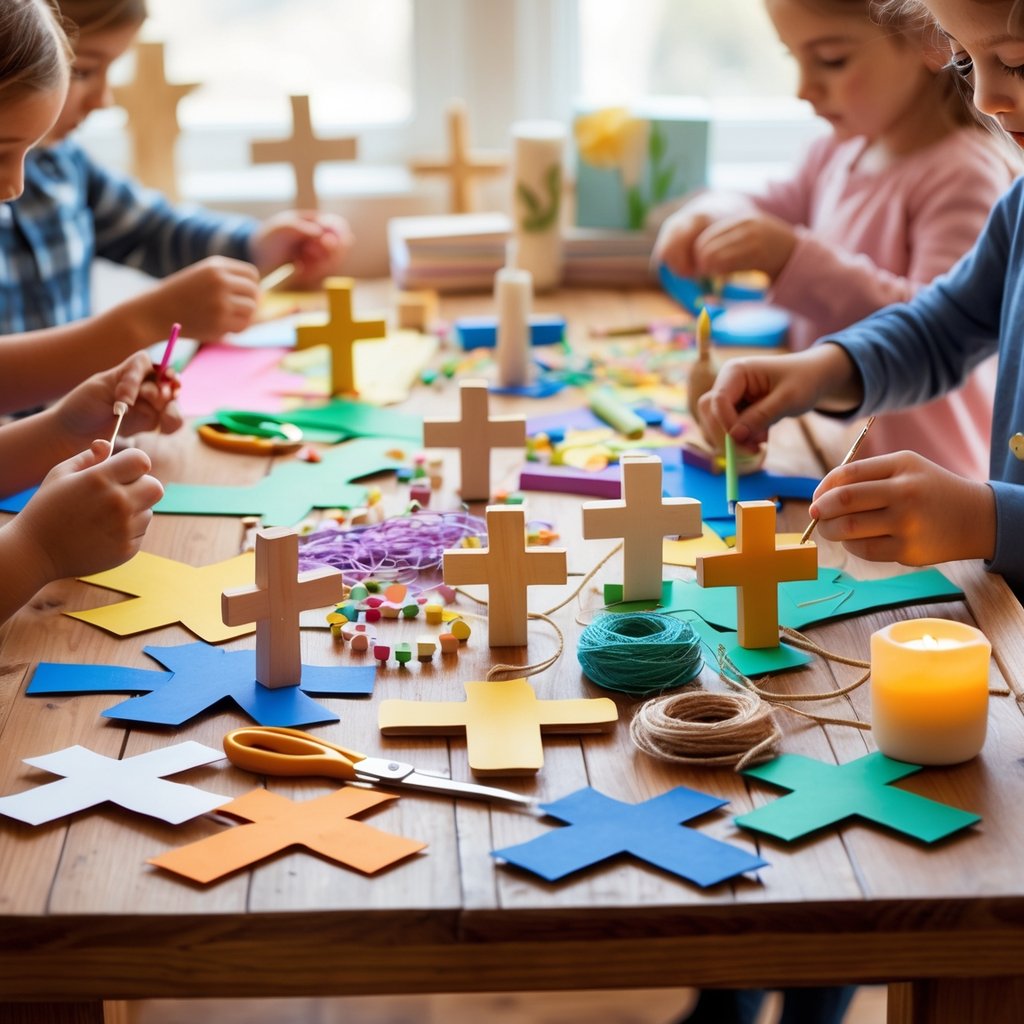 Hands of children and adults creating Good Friday crafts with crosses, beads, and paint on a wooden table.