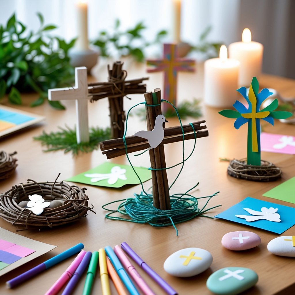 A table with Good Friday crafts including handmade crosses, paper lilies, painted stones, and art supplies in a calm setting.