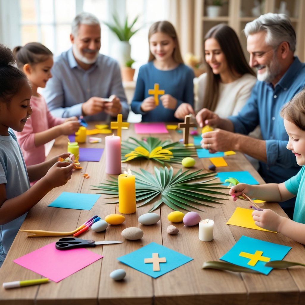 A family gathered around a table making Good Friday crafts with paper crosses, palm leaves, and candles.
