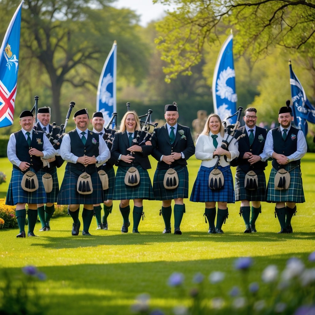 A group of people outdoors wearing colorful Scottish tartan clothing, celebrating together with bagpipes and smiling.