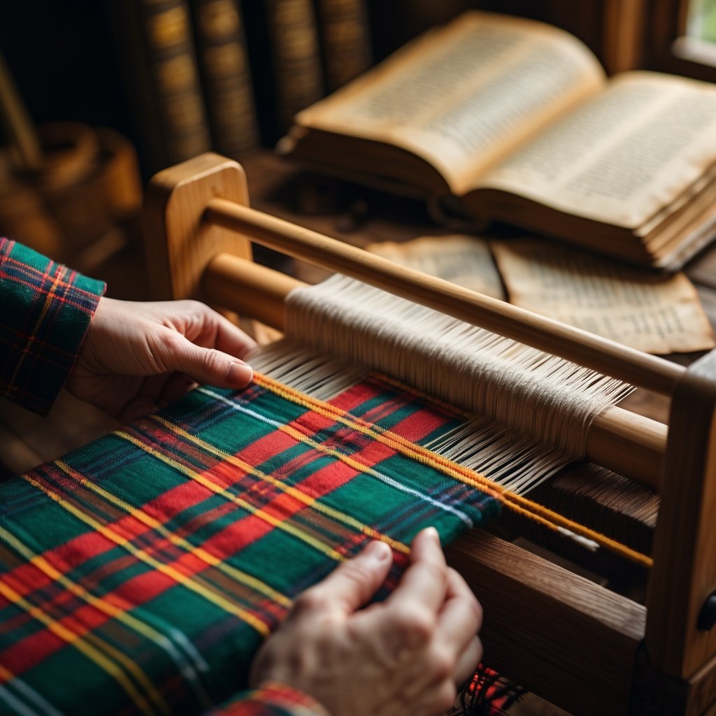 Hands weaving colorful tartan fabric on a loom with old books and historical documents on a wooden table in the background.