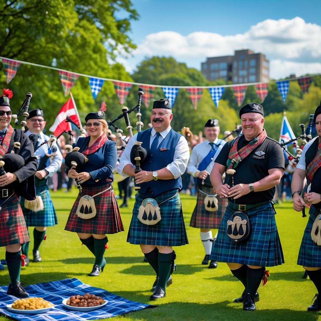 A diverse group of people celebrating National Tartan Day outdoors, wearing tartan clothing and playing bagpipes in a park.