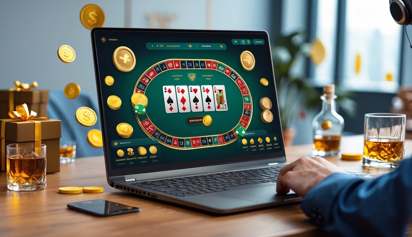 Seseorang bermain baccarat online di depan komputer dengan hadiah dan koin di sekitarnya, menunjukkan bonus untuk pemain baru.