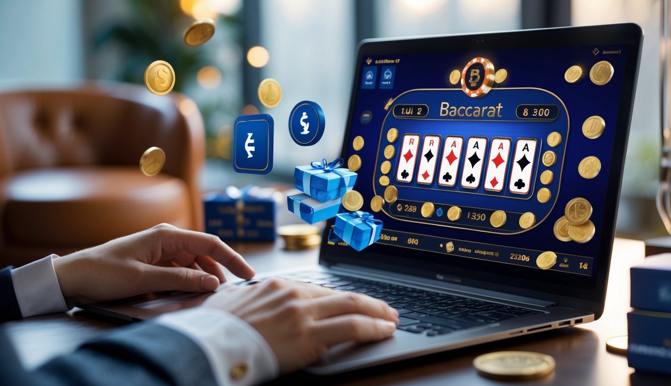 Seorang pemain menggunakan komputer dengan tampilan permainan Baccarat online dan simbol hadiah bonus di sekitarnya.