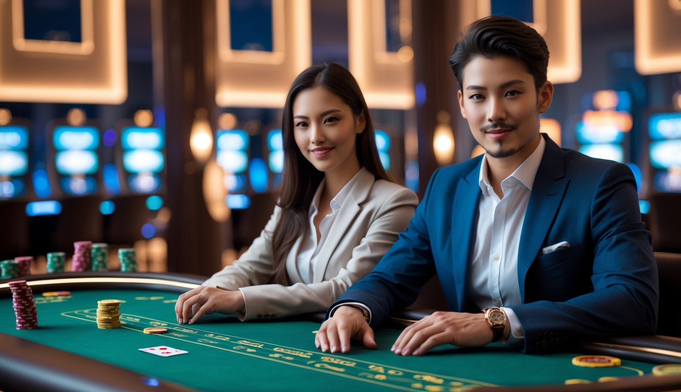 Dua orang dewasa bermain baccarat di meja kasino modern dengan suasana mewah dan pencahayaan hangat.