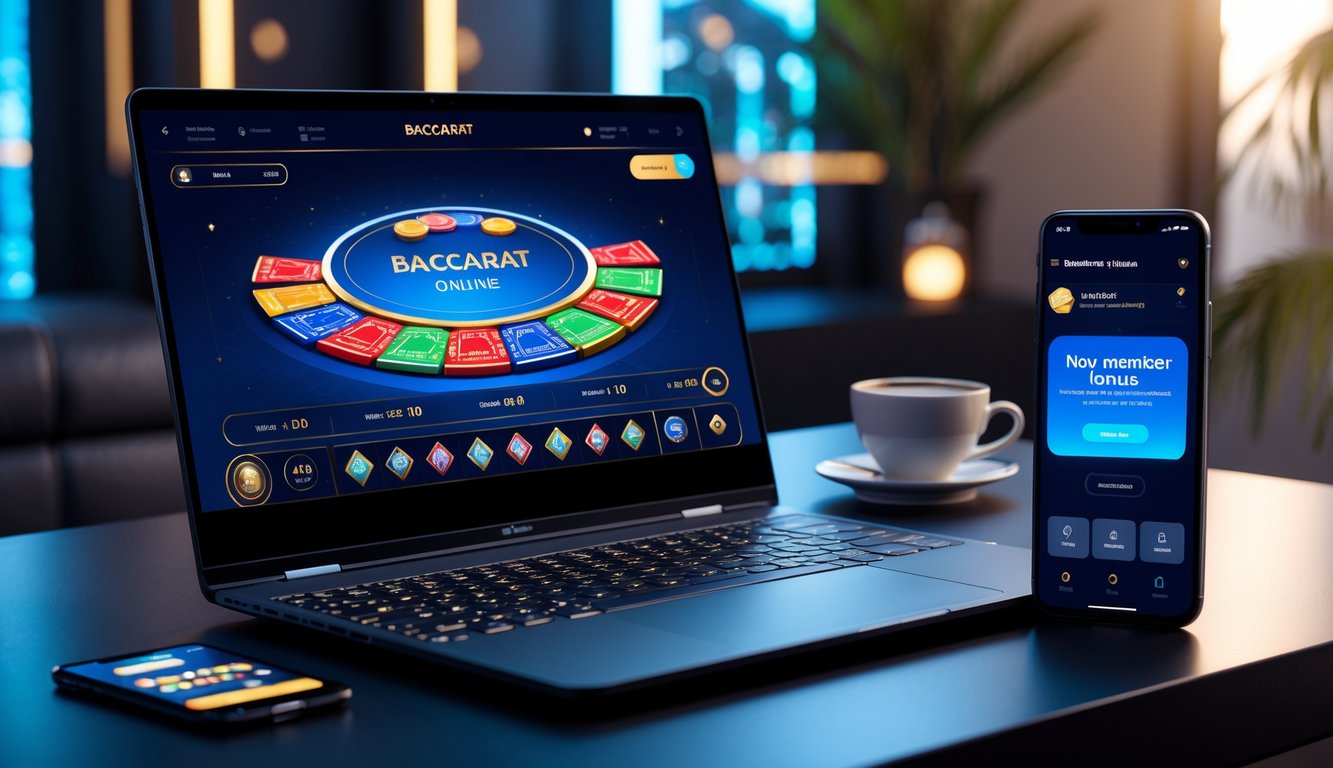 Seorang pemain sedang menggunakan laptop dan ponsel di meja dengan tampilan permainan baccarat online dan notifikasi bonus member baru.