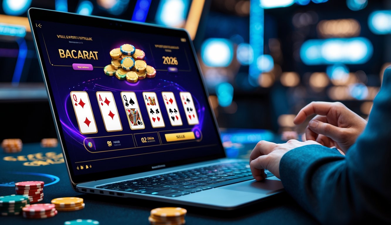 Seseorang bermain baccarat online di depan komputer dengan kartu dan chip terlihat di layar.