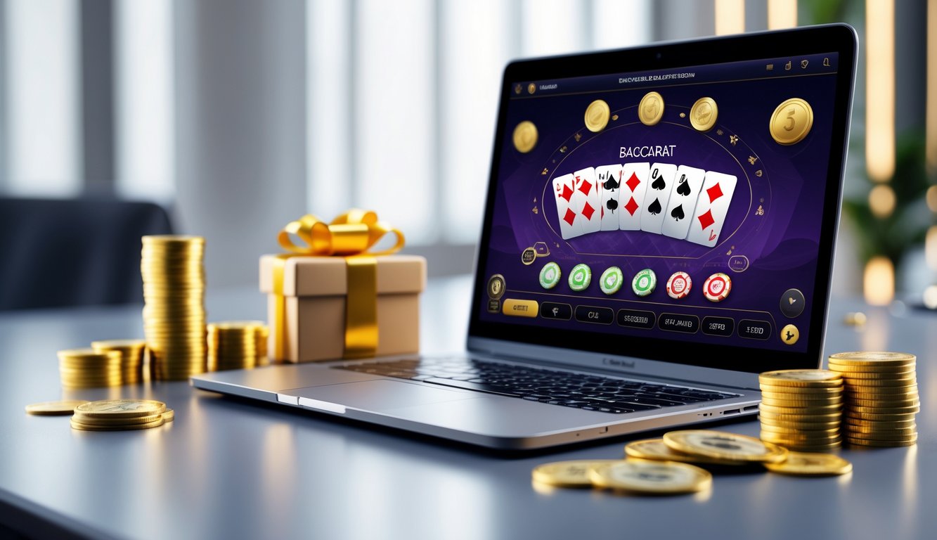 Sebuah meja dengan komputer menampilkan permainan baccarat online dan beberapa koin emas serta hadiah di sekitarnya.
