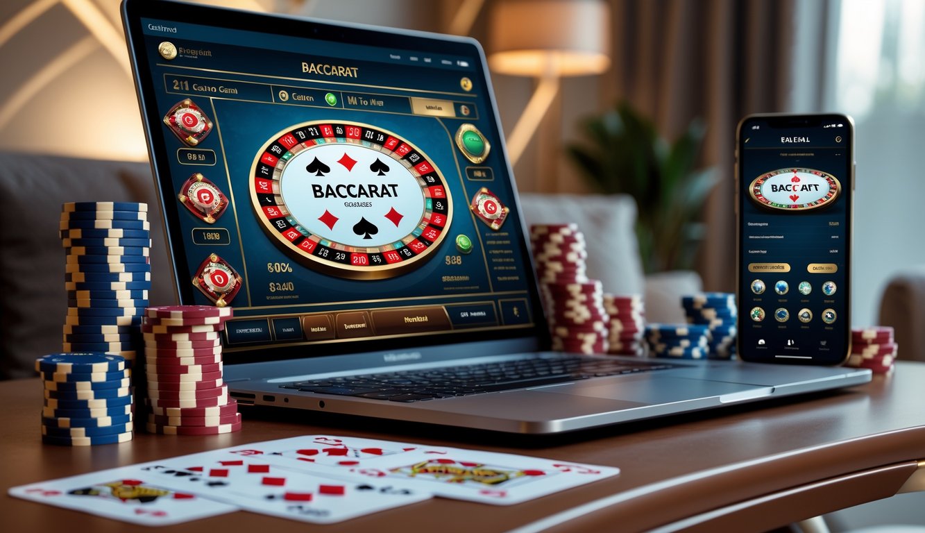 Seorang pengguna sedang bermain baccarat online di laptop dengan chip kasino dan kartu di meja, menunjukkan pengalaman bermain yang nyaman dan menguntungkan.