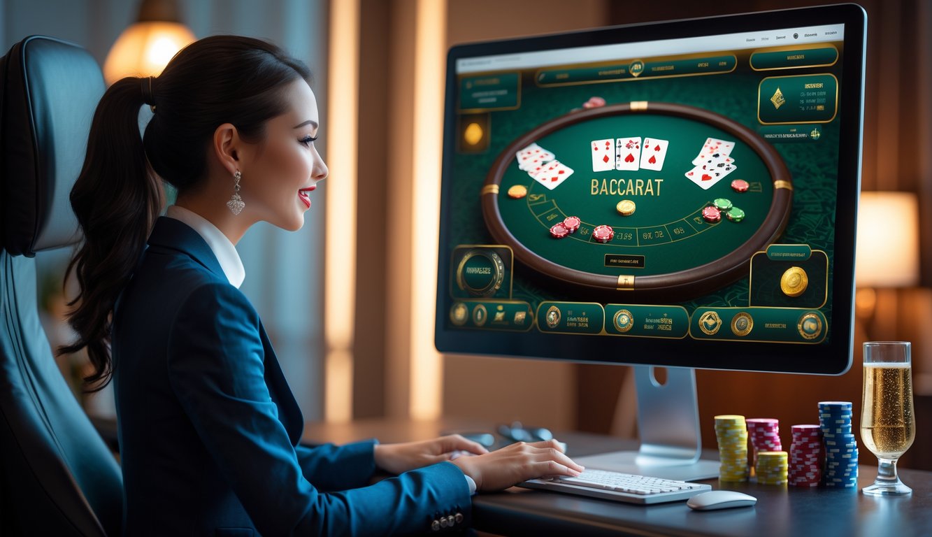 Seorang dewasa muda duduk di depan komputer dengan layar menampilkan permainan baccarat online, suasana nyaman dan penuh antusiasme.