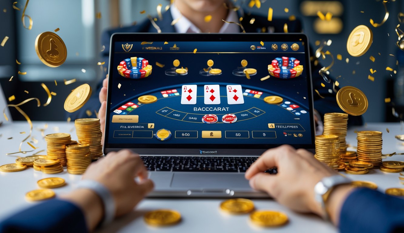 Seorang pengguna sedang bermain Baccarat online di depan komputer dengan tumpukan chip dan koin di sekitarnya, menunjukkan suasana kemenangan dan bonus.