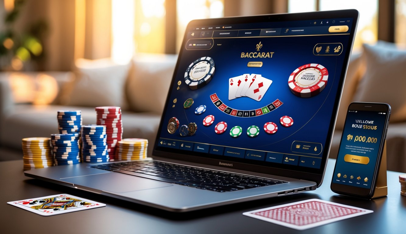 Seorang pemain menggunakan laptop dengan tampilan permainan baccarat online dan chip kasino di sekitar meja dalam suasana rumah yang nyaman.