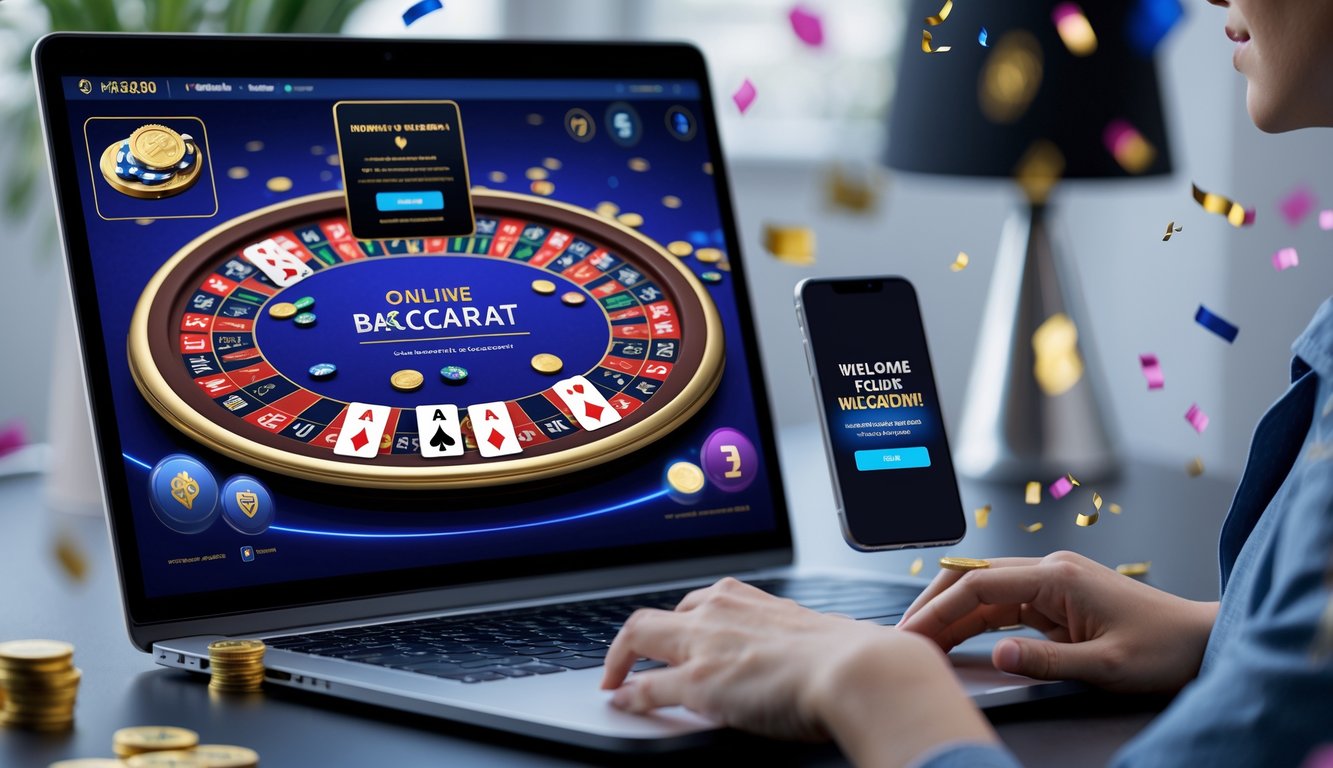 Seorang pemain muda duduk di depan laptop dengan tampilan permainan baccarat online dan ponsel menampilkan notifikasi bonus selamat datang.