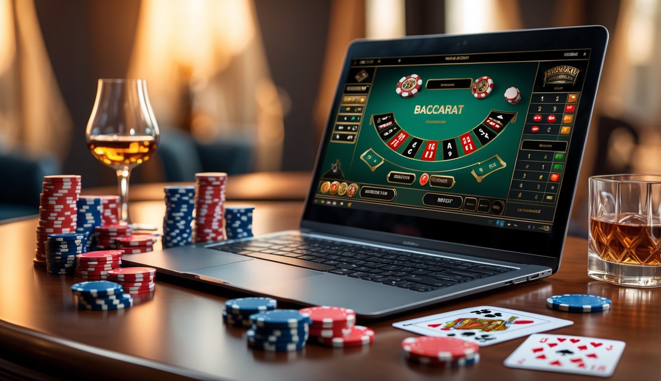 Sebuah meja dengan komputer menampilkan permainan baccarat online, dikelilingi chip poker dan kartu remi, dengan latar belakang pencahayaan hangat.