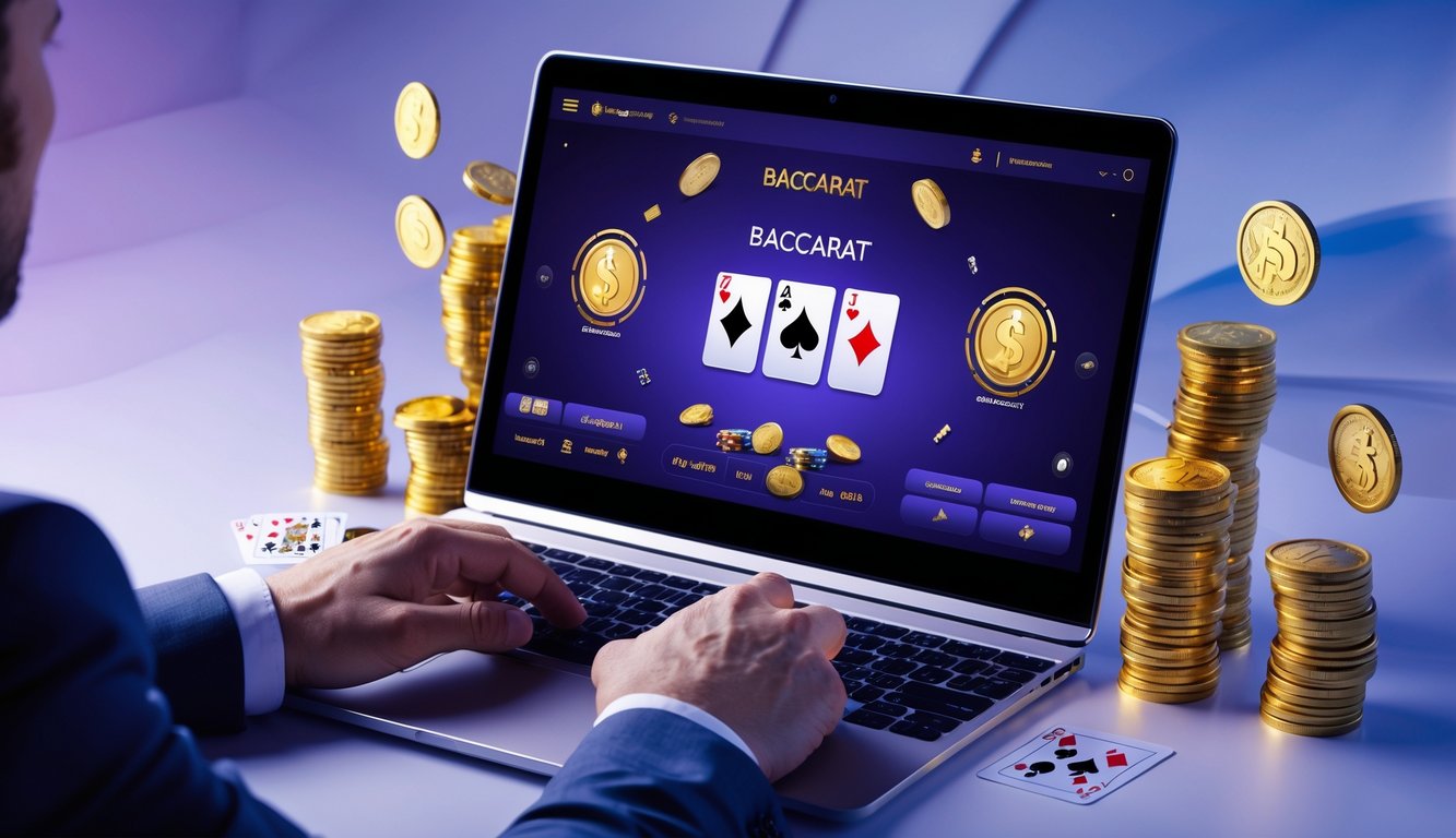 Seseorang menggunakan komputer dengan layar menampilkan permainan Baccarat online dan tumpukan chip serta kartu di sekitar meja.