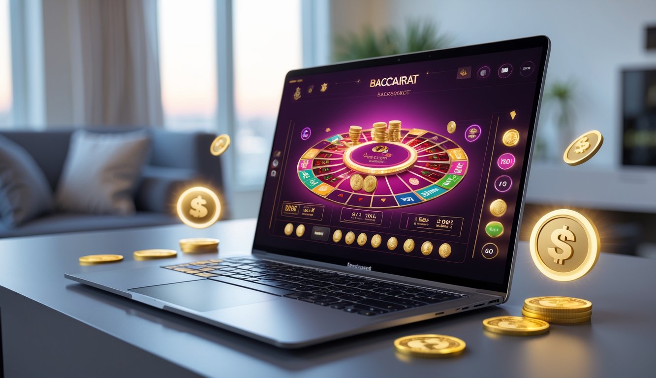 Seorang pemain menggunakan komputer dengan tampilan permainan baccarat online dan simbol bonus digital di sekitarnya.