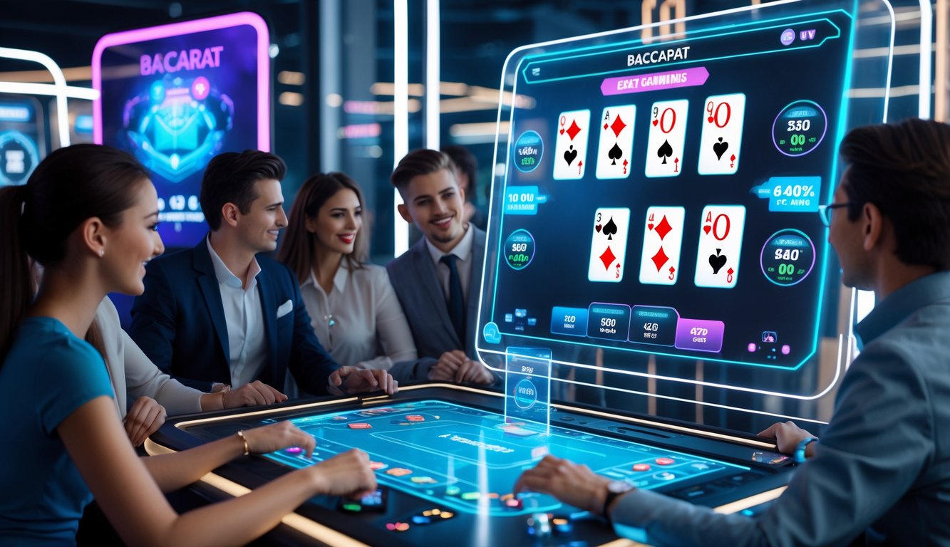 Beberapa orang muda bermain baccarat online dengan antusias di depan layar digital futuristik yang menampilkan kartu dan opsi taruhan.