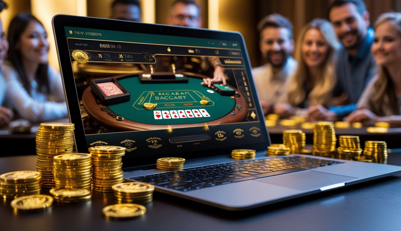Layar perangkat digital menampilkan meja baccarat dengan kartu dan chip, dikelilingi koin emas dan token bonus, dengan suasana hangat dan pemain yang terlihat senang di latar belakang.