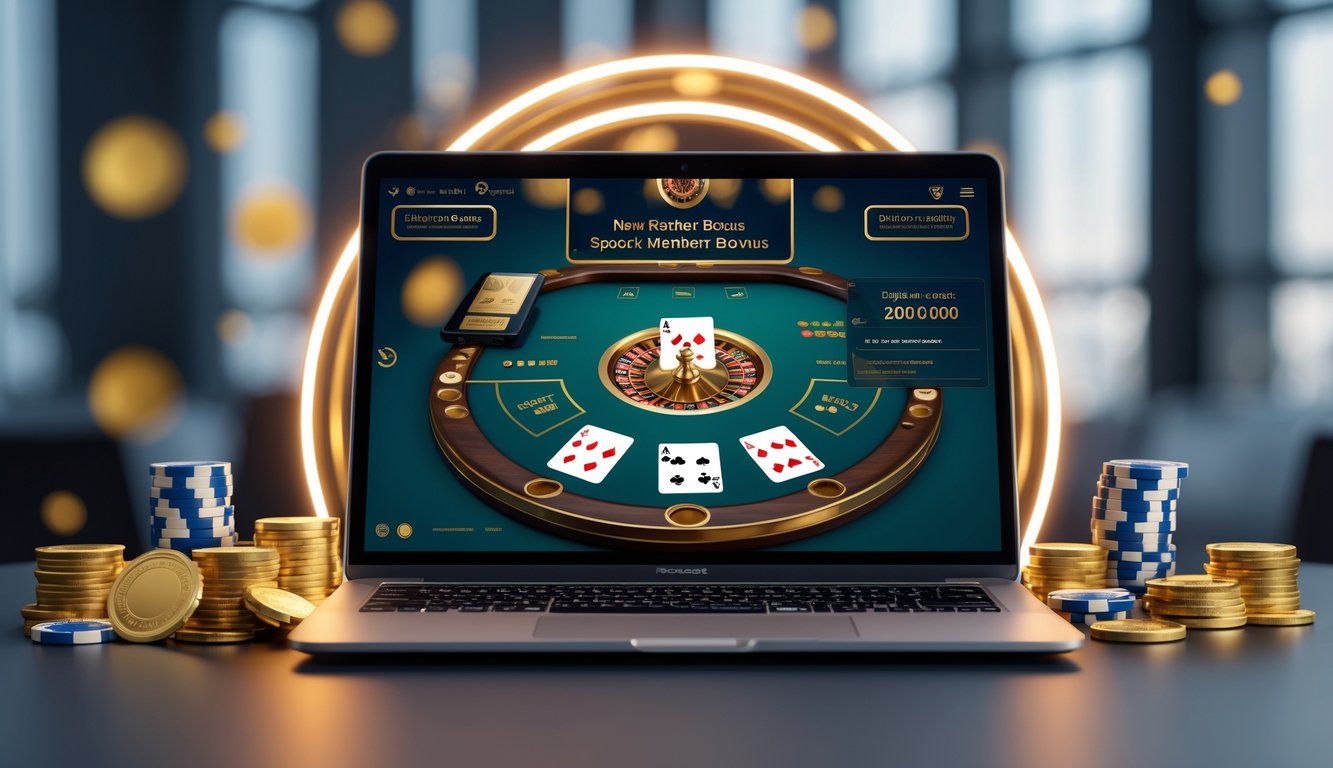 Sebuah layar komputer menampilkan permainan baccarat online dengan chip dan kartu, dikelilingi oleh koin emas dan efek cahaya yang menunjukkan kesempatan bonus untuk pemain baru.