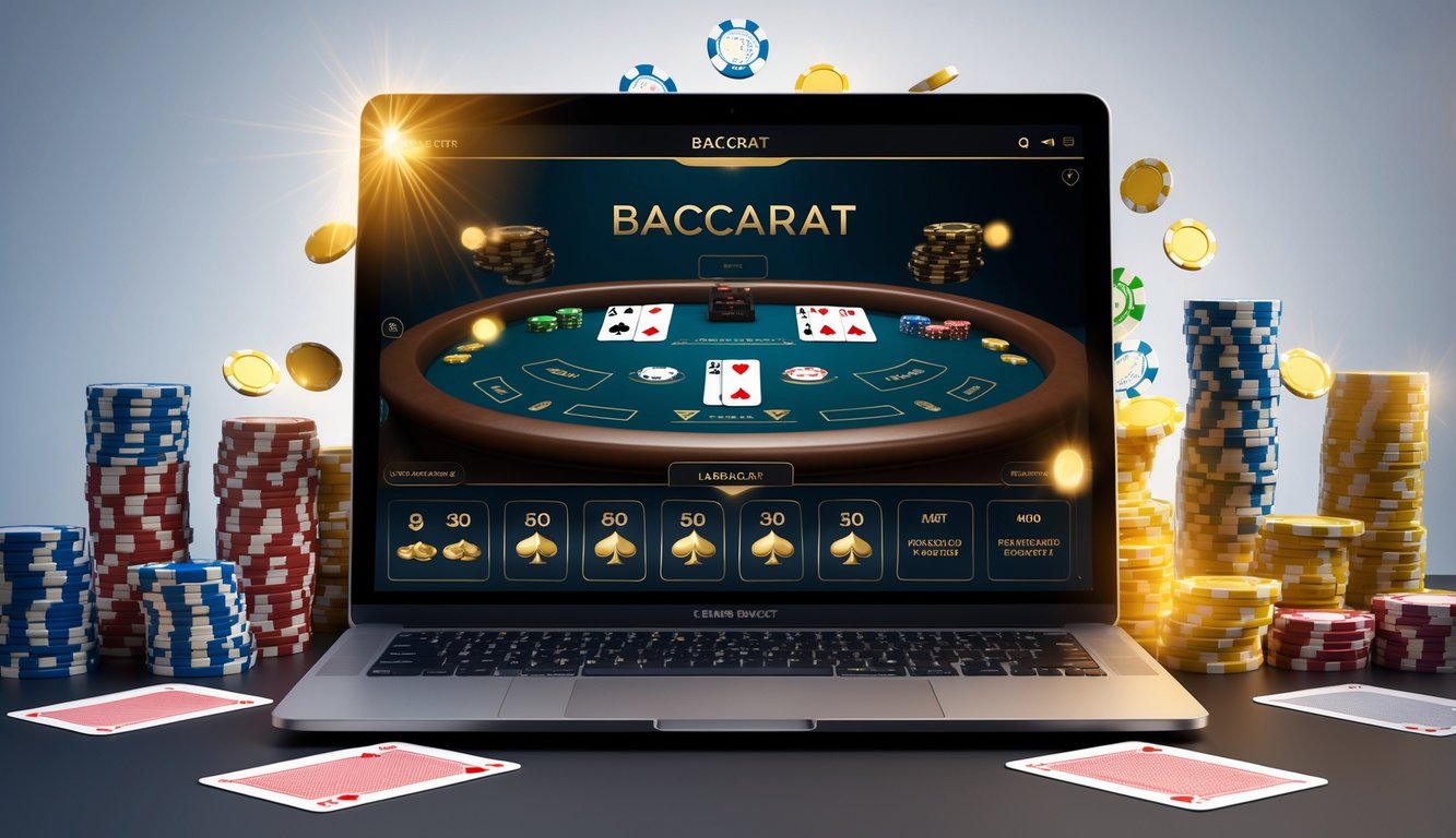 Sebuah laptop menampilkan permainan baccarat online dengan kartu dan tumpukan chip di sekitarnya, menunjukkan suasana kemenangan dan bonus.