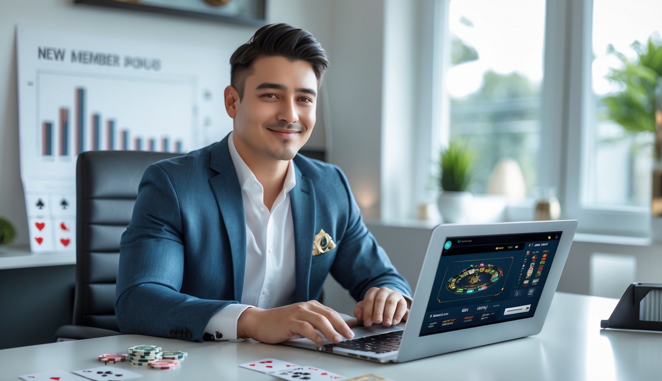 Seorang pria muda duduk di depan laptop dengan tampilan permainan baccarat online, di meja terdapat kartu remi dan chip kasino, di ruang kerja yang terang dan rapi.