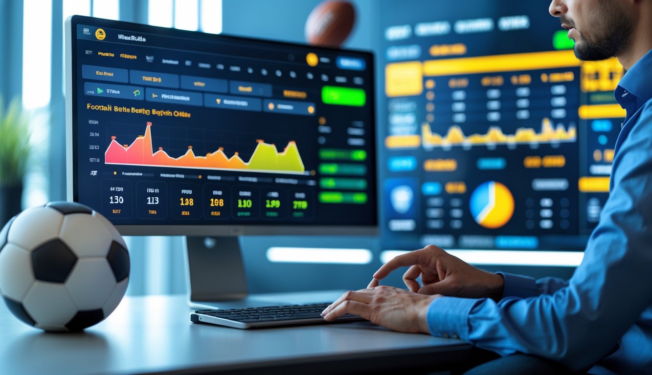 Seorang profesional menggunakan komputer dengan tampilan antarmuka taruhan bola dan grafik pembayaran di meja kerja modern.