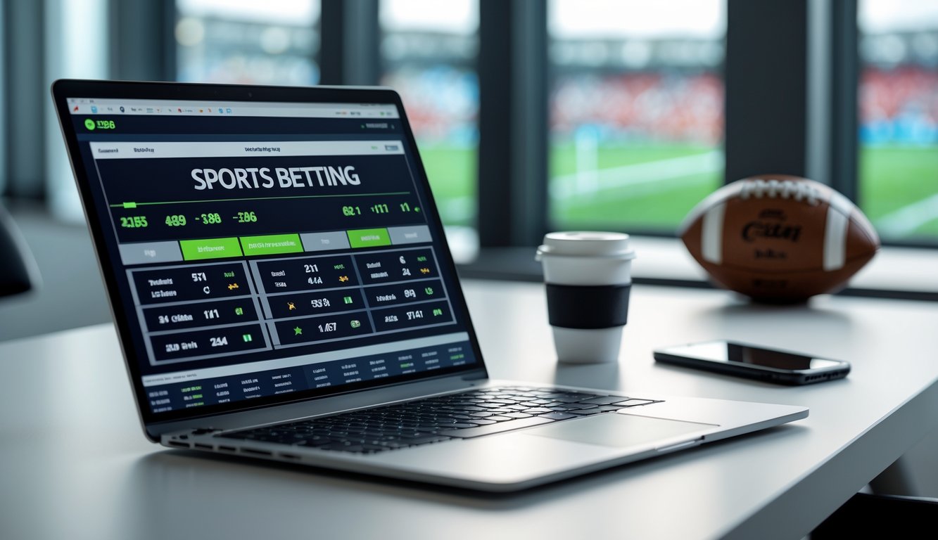 Meja kerja dengan laptop yang menampilkan antarmuka taruhan bola, ponsel dengan pembaruan pertandingan sepak bola, dan bola sepak di latar belakang.