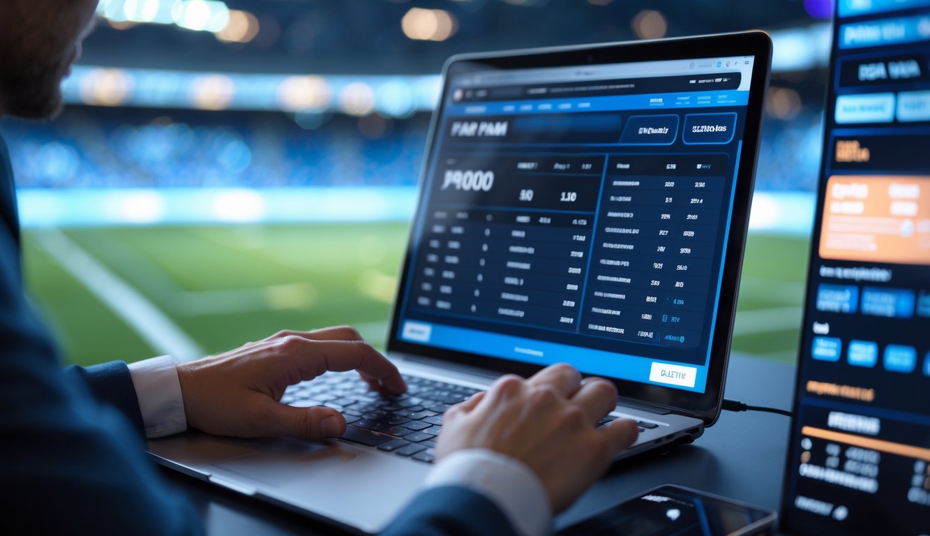 Seseorang menggunakan laptop dengan tampilan situs judi bola online dan latar belakang stadion sepak bola.