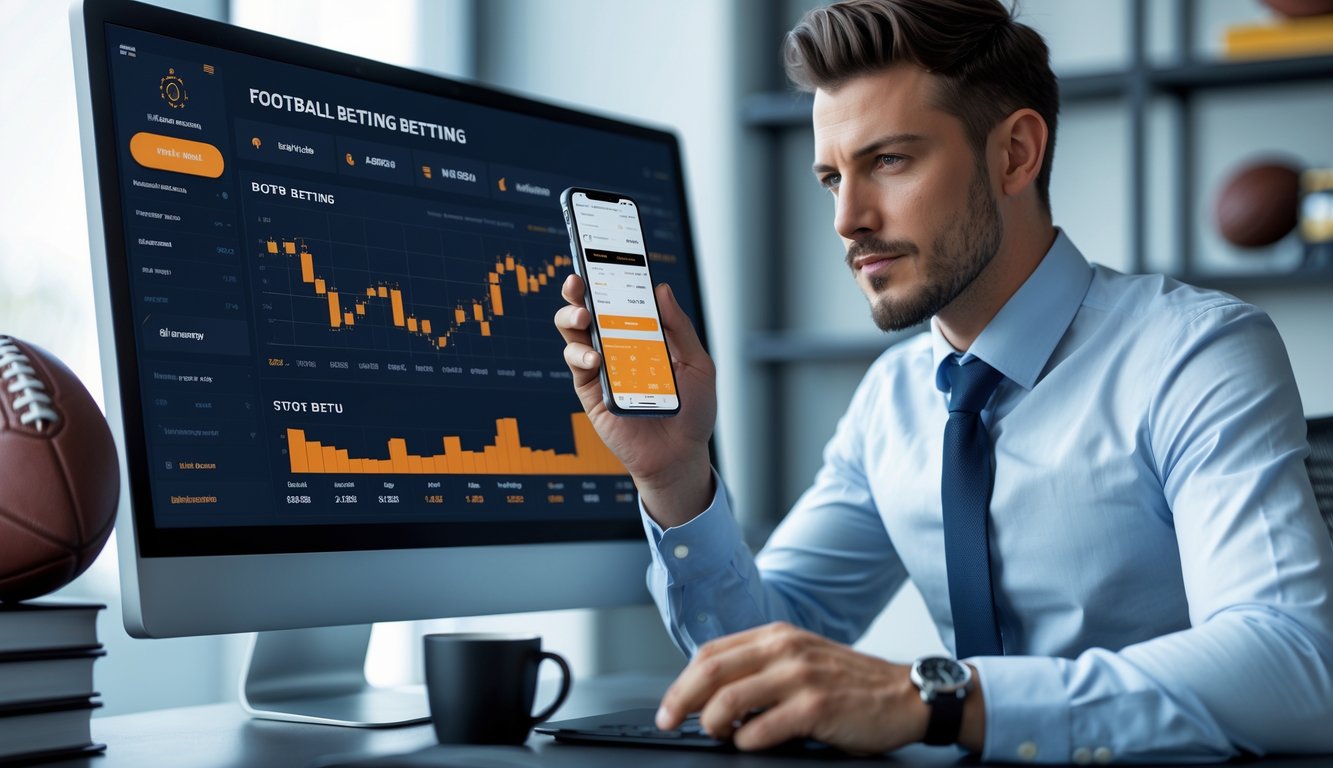 Seorang pria profesional sedang menggunakan komputer dan ponsel untuk melihat statistik dan peluang taruhan sepak bola di ruang kerja modern.