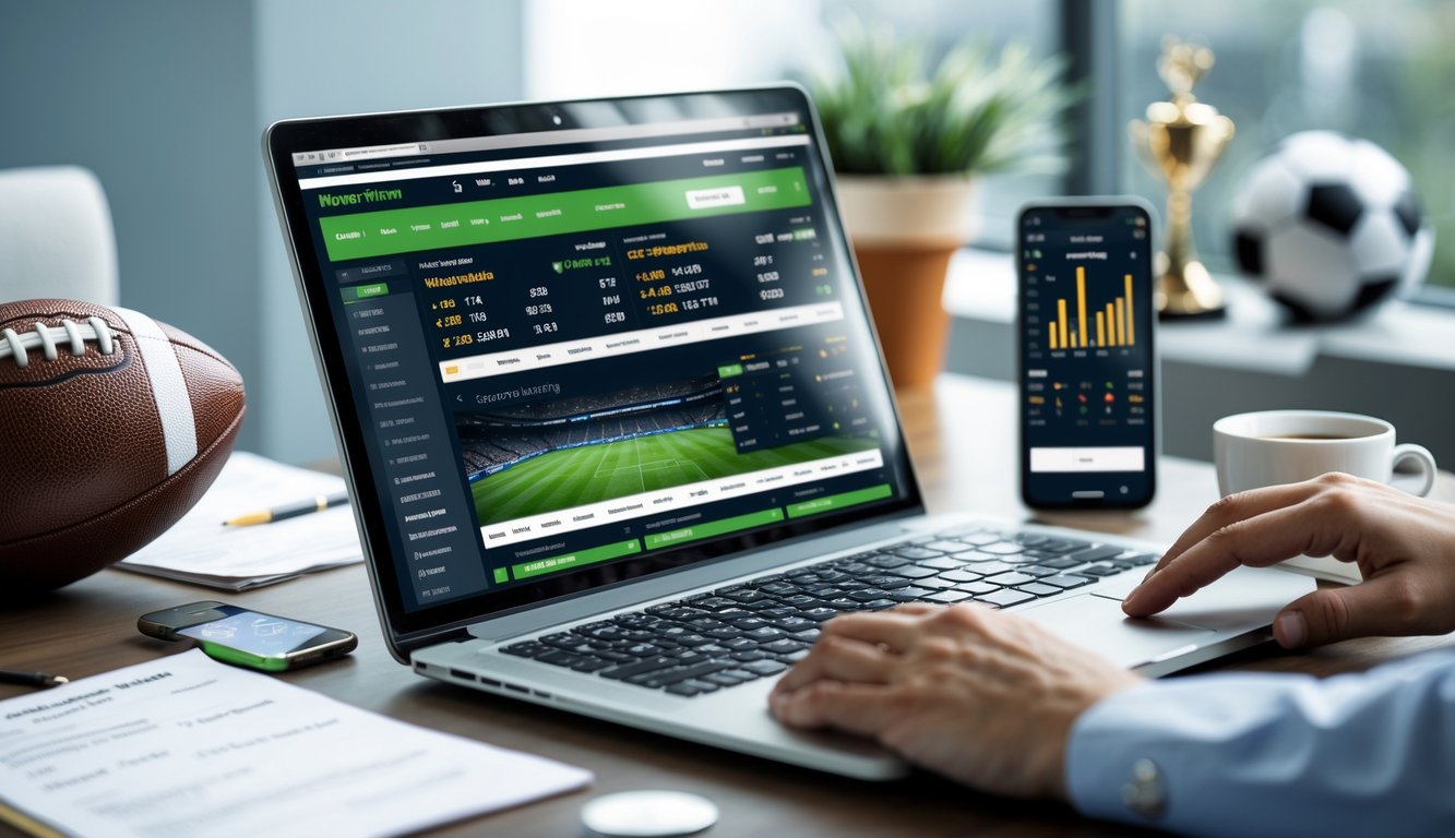 Seorang profesional menggunakan laptop di meja kerja yang rapi dengan tampilan situs taruhan bola dan ponsel yang menampilkan skor pertandingan sepak bola.