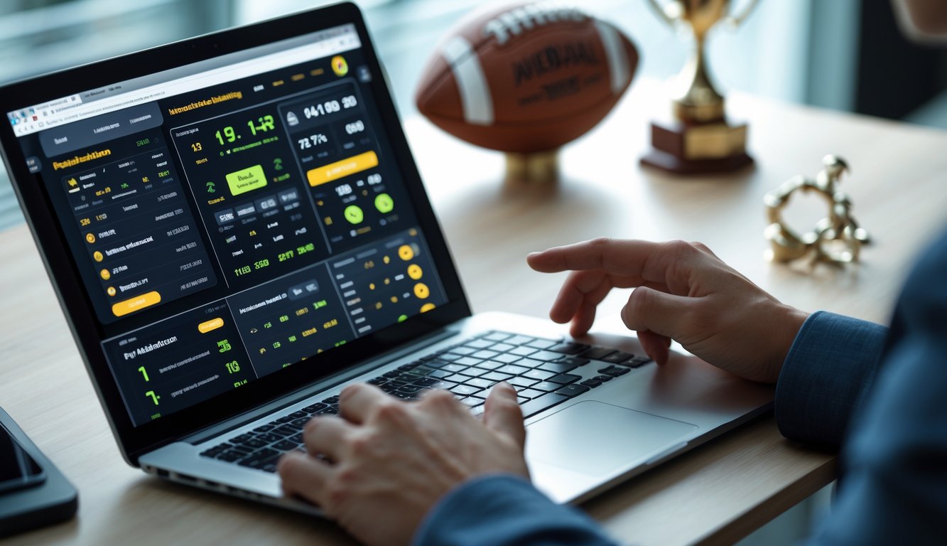 Seseorang menggunakan laptop dengan tampilan odds taruhan bola dan statistik, di meja dengan bola sepak dan trofi kecil di latar belakang.