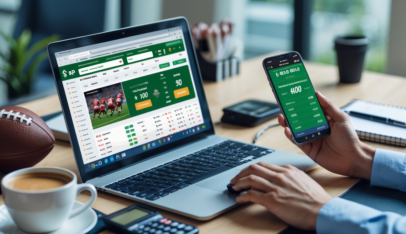 Seseorang menggunakan laptop dan smartphone di meja kerja dengan perlengkapan terkait taruhan bola, seperti bola dan kalkulator.