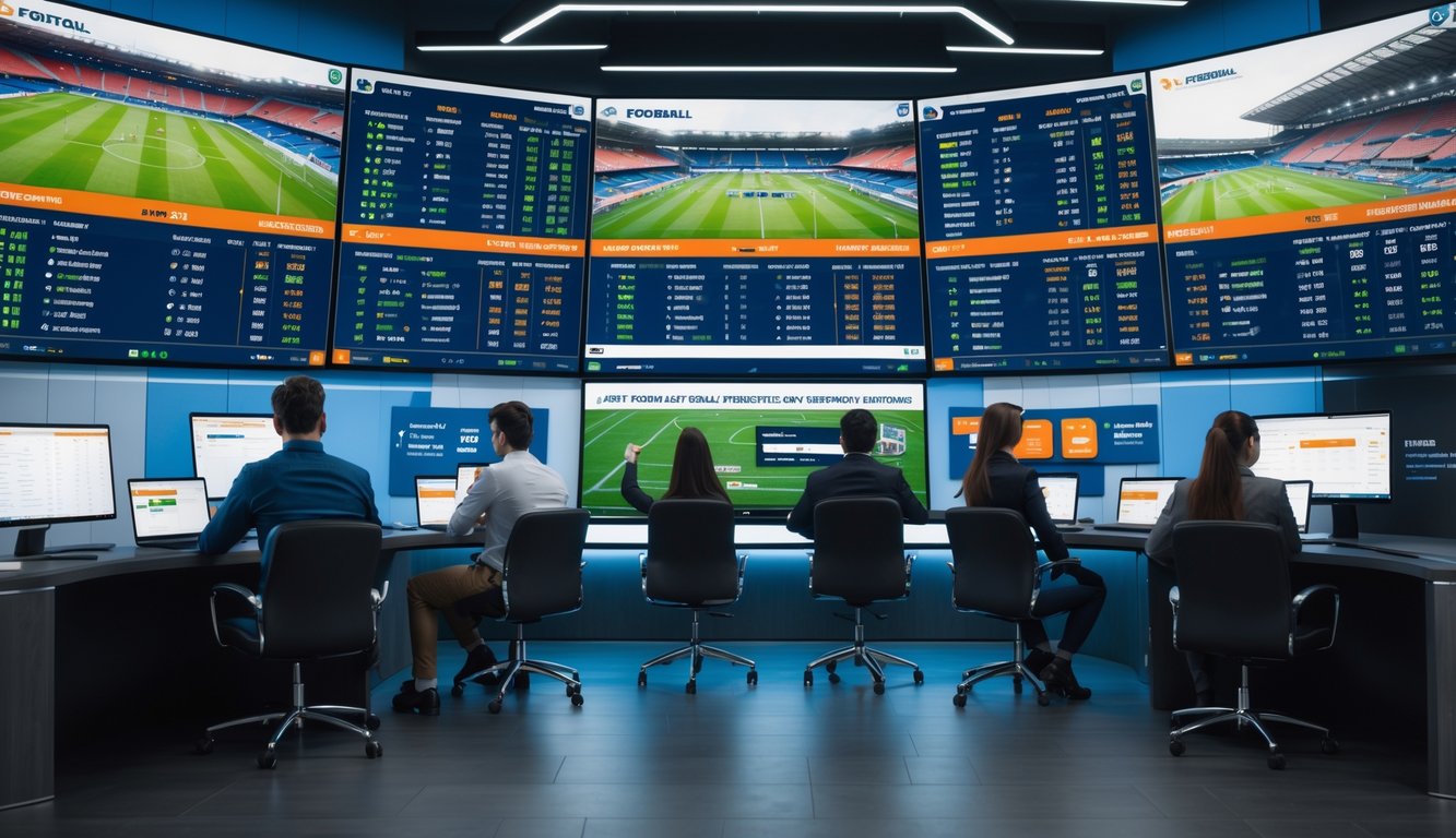 Orang-orang sedang melihat layar besar yang menampilkan pertandingan sepak bola dan statistik taruhan di sebuah ruangan modern.