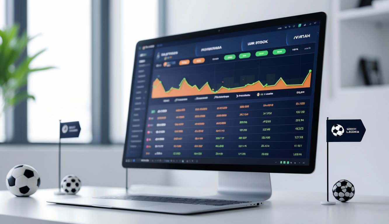Seorang pengguna melihat layar komputer yang menampilkan grafik perbandingan odds pertandingan sepak bola dari berbagai liga internasional di sebuah ruang kerja yang rapi.
