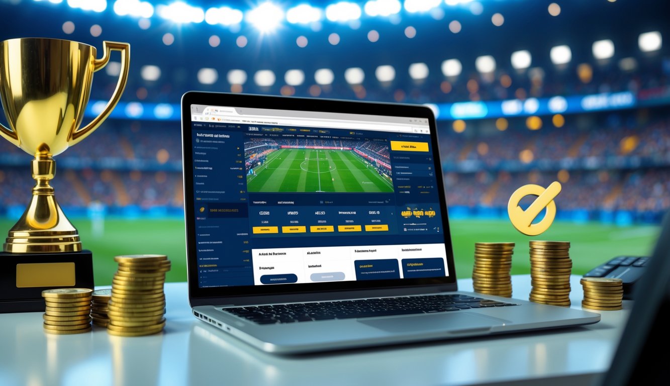 Sebuah laptop di meja kerja menampilkan situs taruhan bola dengan latar belakang stadion sepak bola yang ramai.