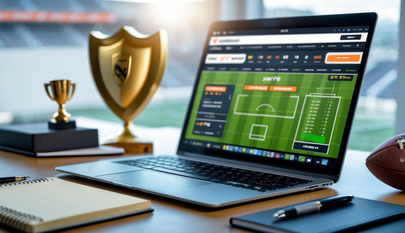 Sebuah laptop di meja kerja menampilkan situs taruhan bola dengan latar belakang stadion sepak bola dan beberapa simbol kepercayaan seperti trofi dan ikon perisai.