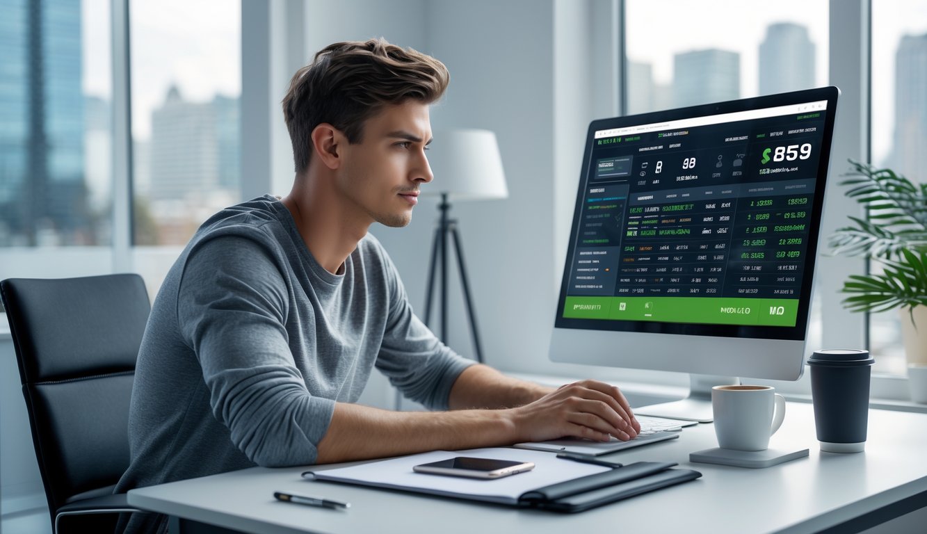 Seorang pria muda duduk di meja dengan laptop, memeriksa data taruhan bola di ruangan kantor rumah yang terang dan rapi.